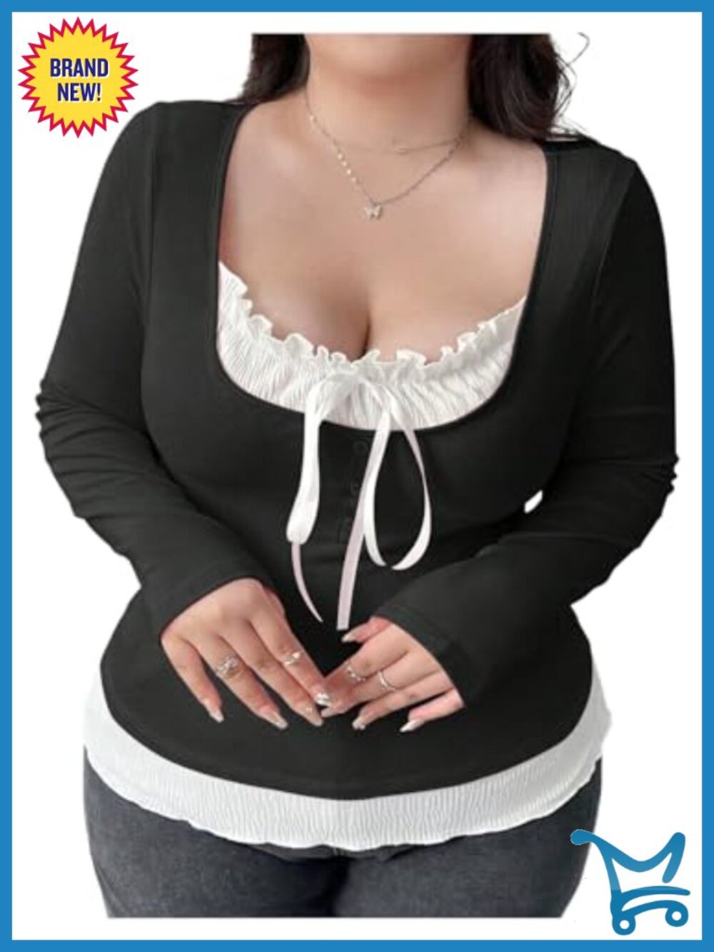Plus Size Y2k Tie Front Fitted Long Sleeve Sweetheart Neck Tee